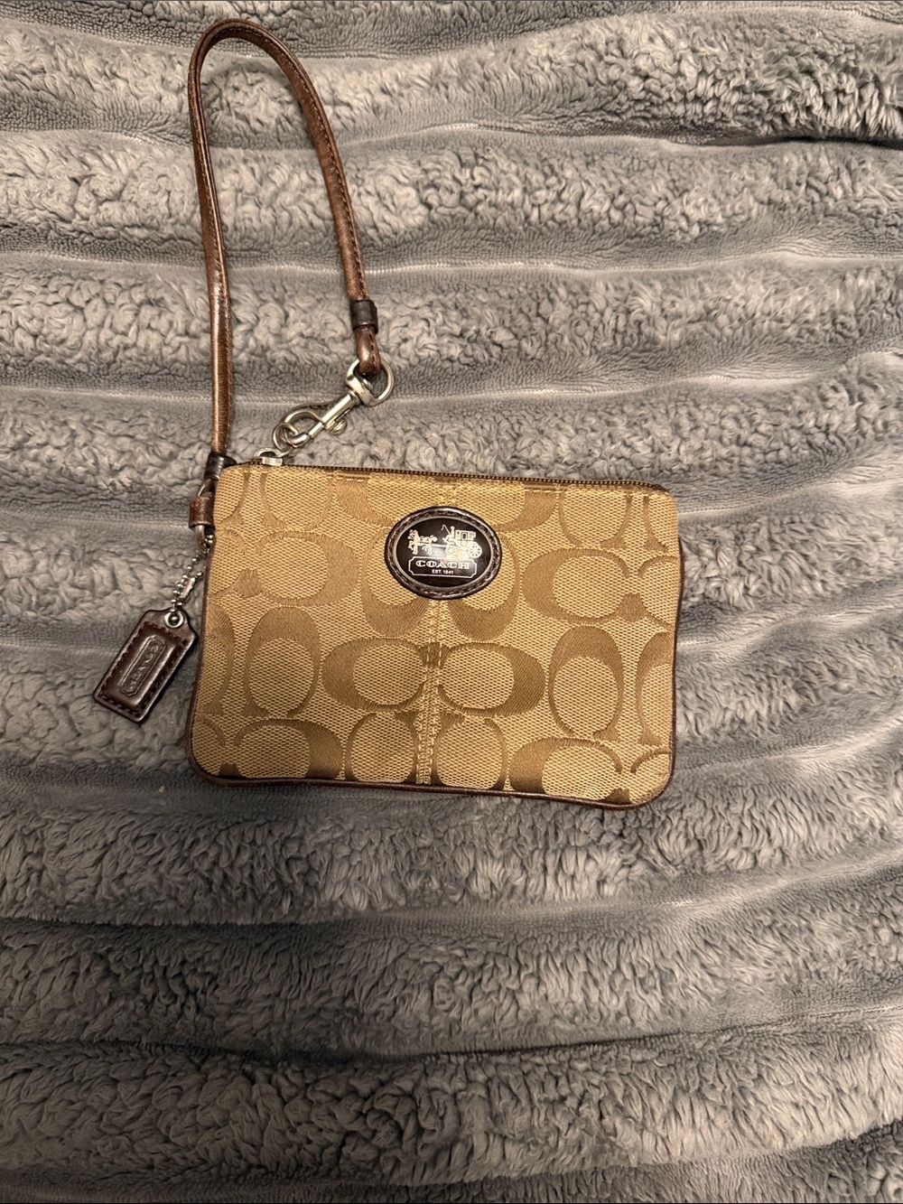 Coach Tan Signature Canvas Wristlet with Brown Leather Trim